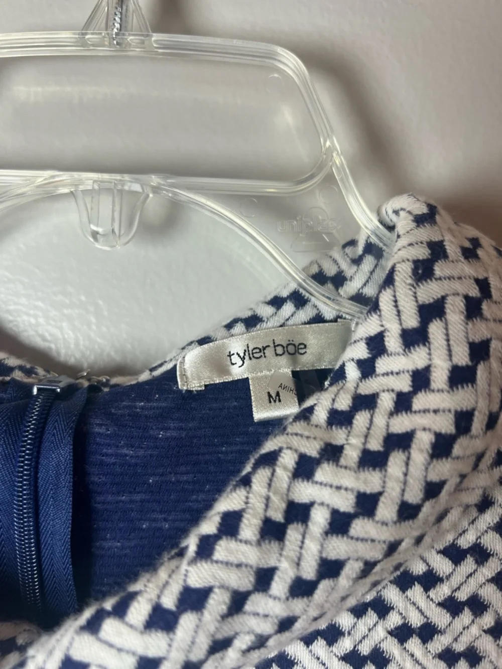 Tyler Boe Kristin Woven Chain Link Blue White Roll Neck Shift Dress Preppy Sz M - Picture 3 of 6